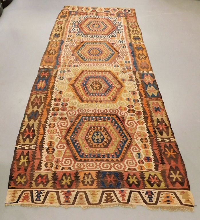 Appraisal: Turkish Khilim Geometric Gallery Carpet Turkey Circa Repeating blue red