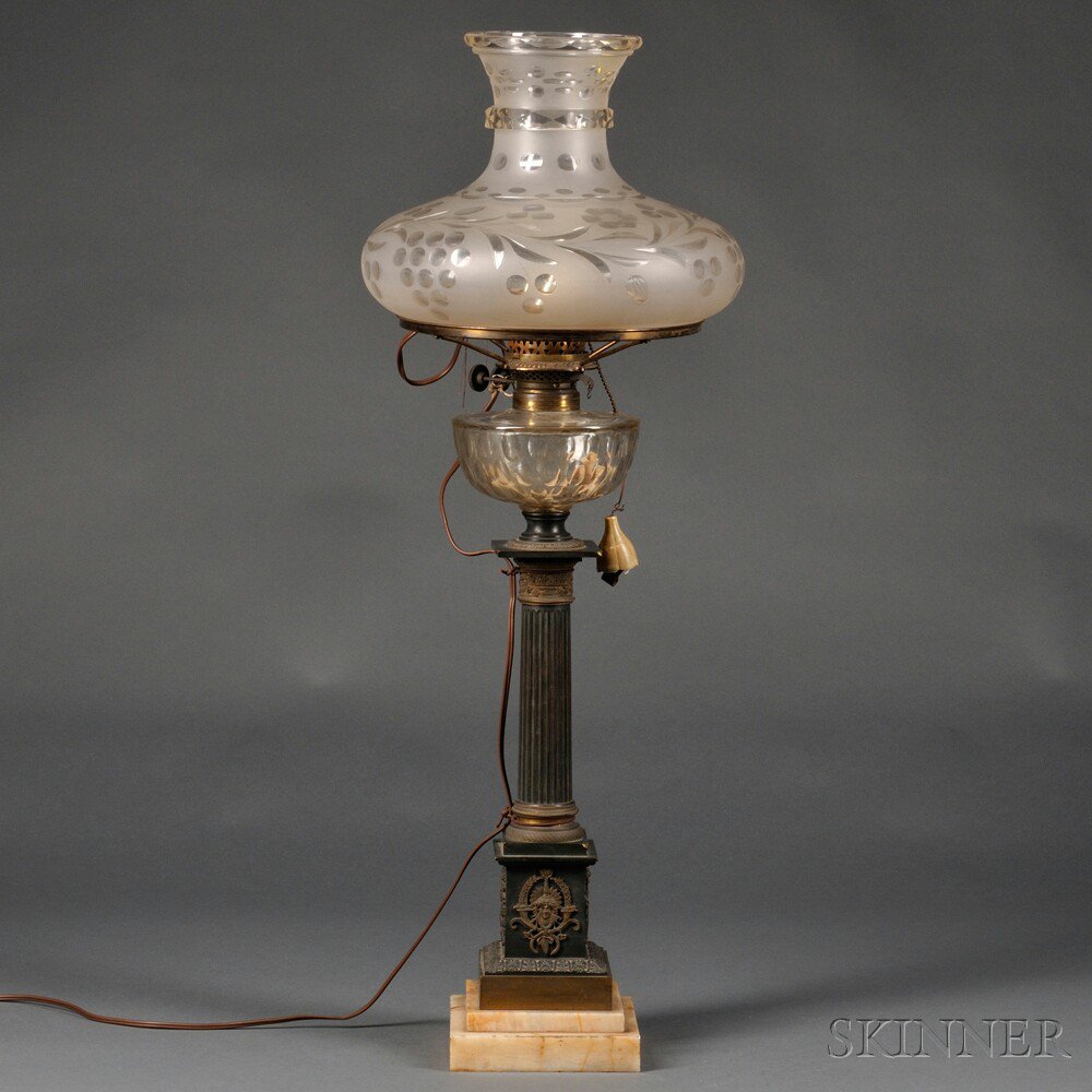 Appraisal: Bronze Neoclassical Column-form Fluid Lamp th century the glass cistern