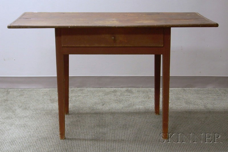 Appraisal: Red-painted Pine Breadboard-top Table with Drawer ht lg wd in