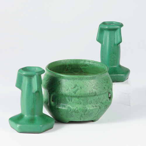 Appraisal: Three matte green Zanesville pieces to include a ROSEVILLE Chloron