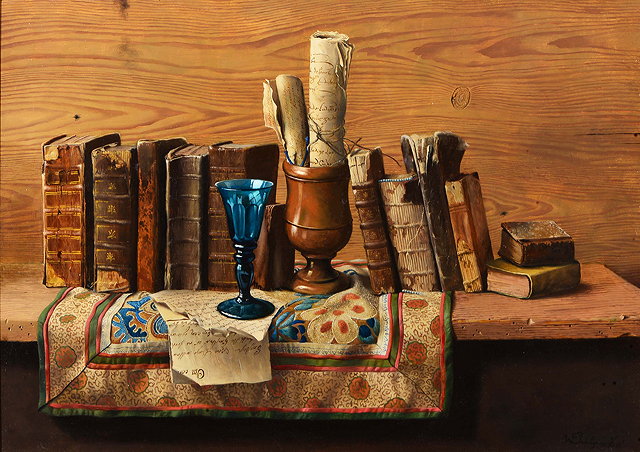 Appraisal: WILLEM DOLPHYN Belgian born Still Life with antiquarian books goblet