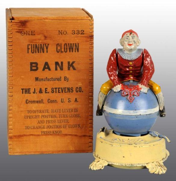 Appraisal: Cast Iron Clown on Globe Mechanical Bank with Box Description