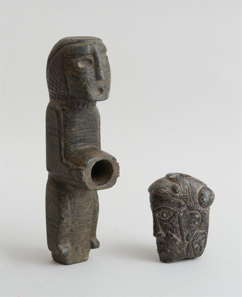 Appraisal: TWO SOUTH AMERICAN FIGURAL CARVED STONE PIPES x x in