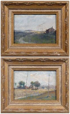 Appraisal: Pair miniature paintings impressionist country landscape with phone poles house