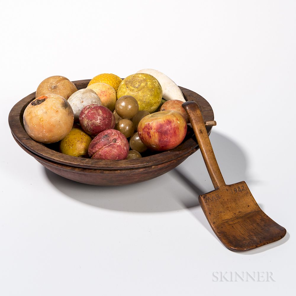 Appraisal: Turned and Red-painted Bowl with Carved Wood Scoop and Stone