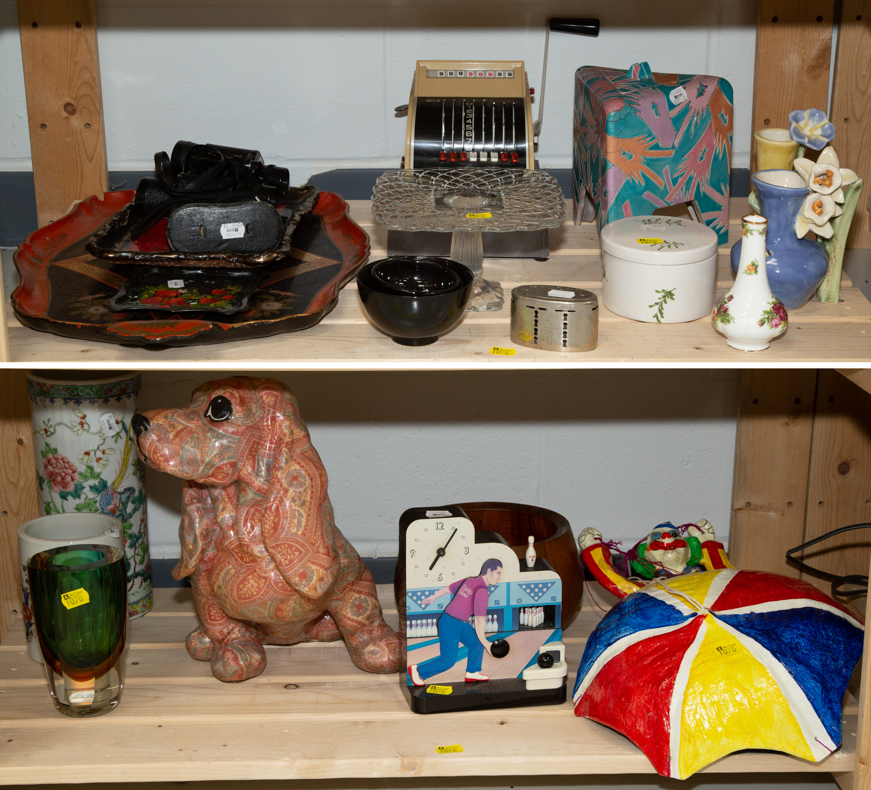 Appraisal: TWO SHELVES OF ASSORTED ITEMS Including toll trays art pottery