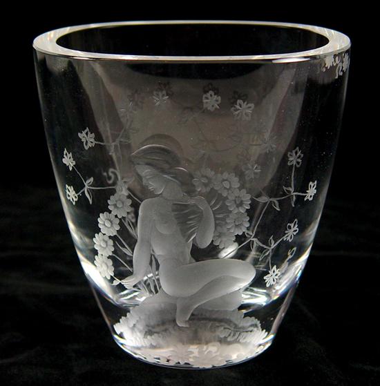 Appraisal: Signed Etched Crystal Vase Vase with nude and flowers signed