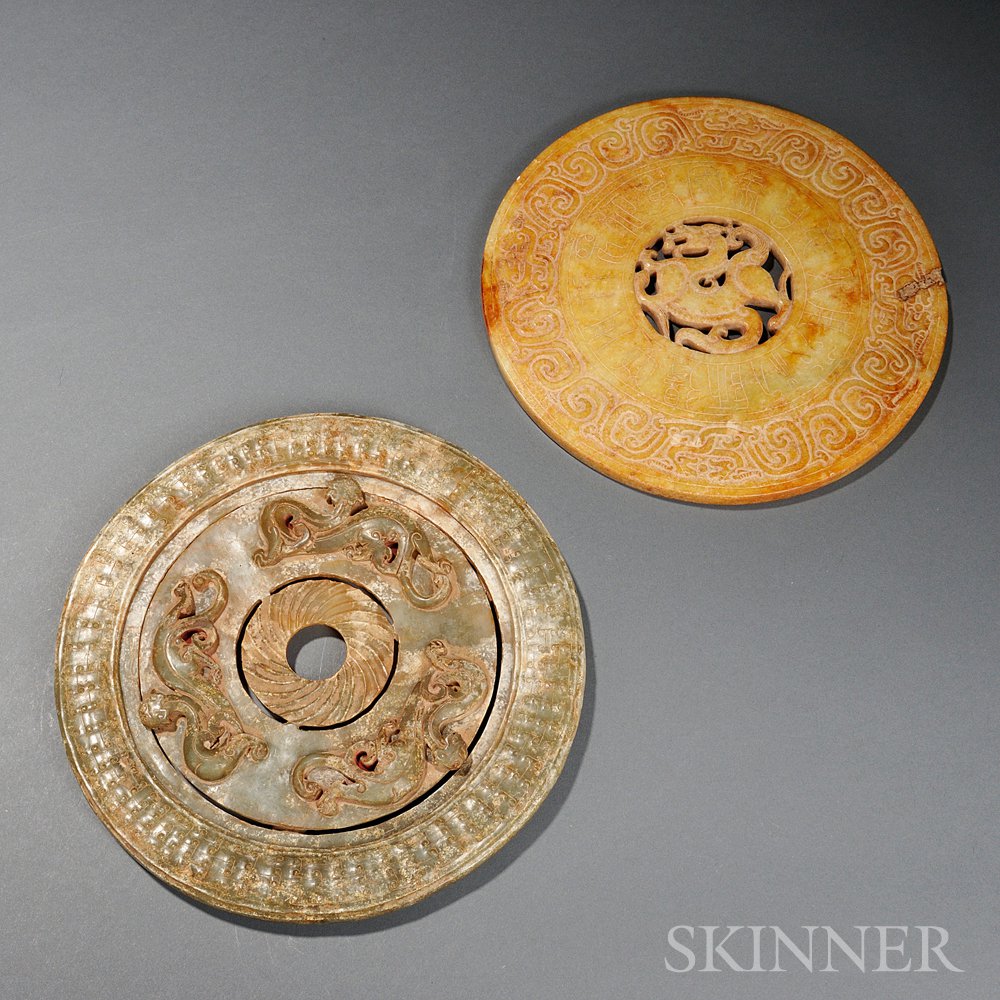 Appraisal: Two Stone Bi Discs China one with openwork tianma and