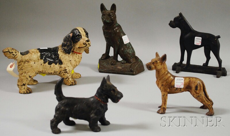 Appraisal: Five Painted Cast Iron Dog Doorstops ht to in