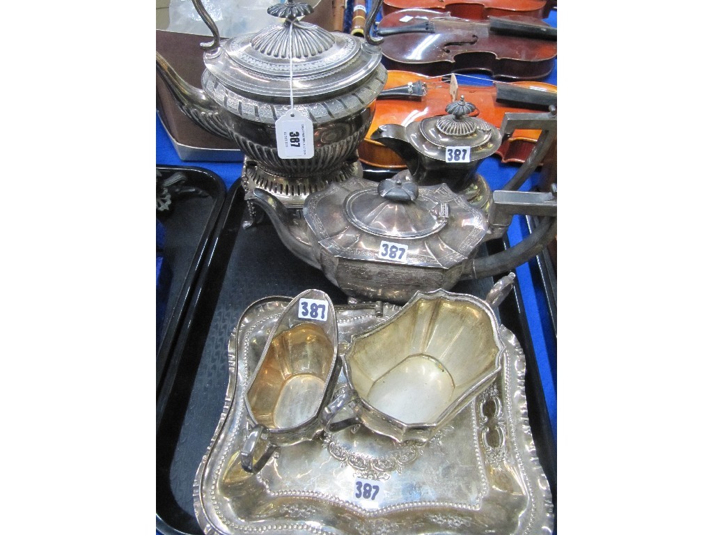 Appraisal: Tray lot of EP - spirit kettle tea service basket