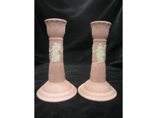 Appraisal: Pair of Wedgwood Pink Jasperware Candlesticks Three Graces decor