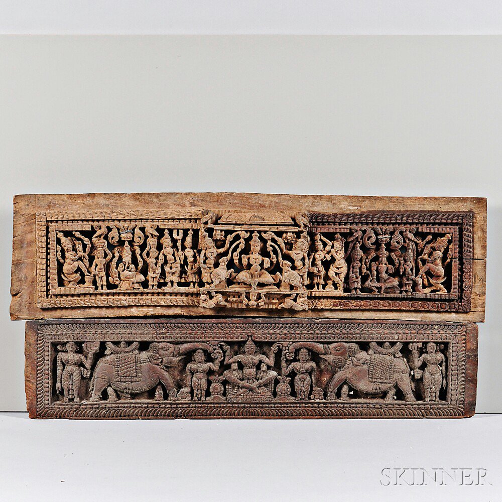 Appraisal: Two Wooden Lintel Friezes India one depicting seated Lakshimi flanked