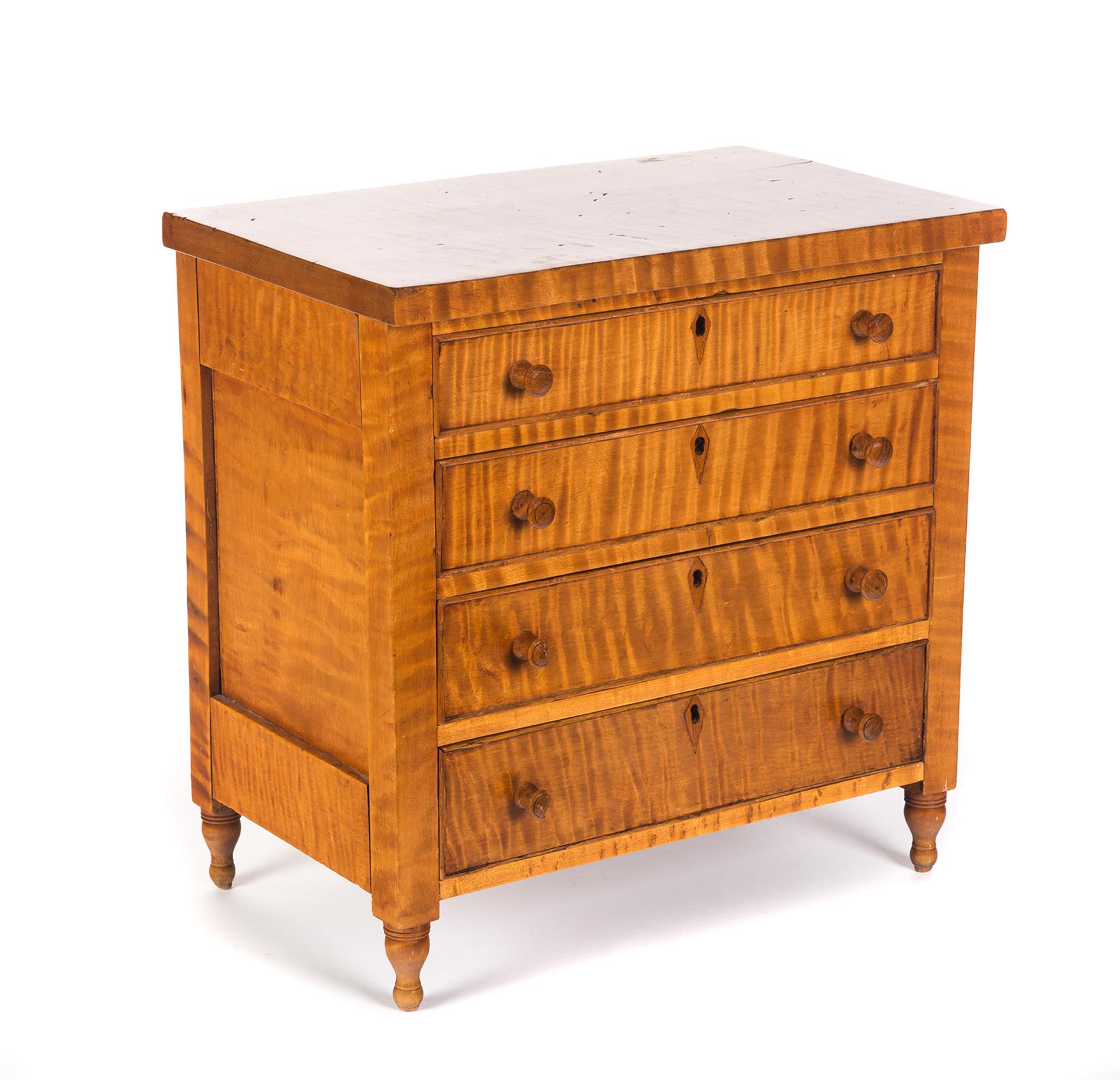 Appraisal: AMERICAN MINIATURE SHERATON CHEST OF DRAWERS Mid th century curly