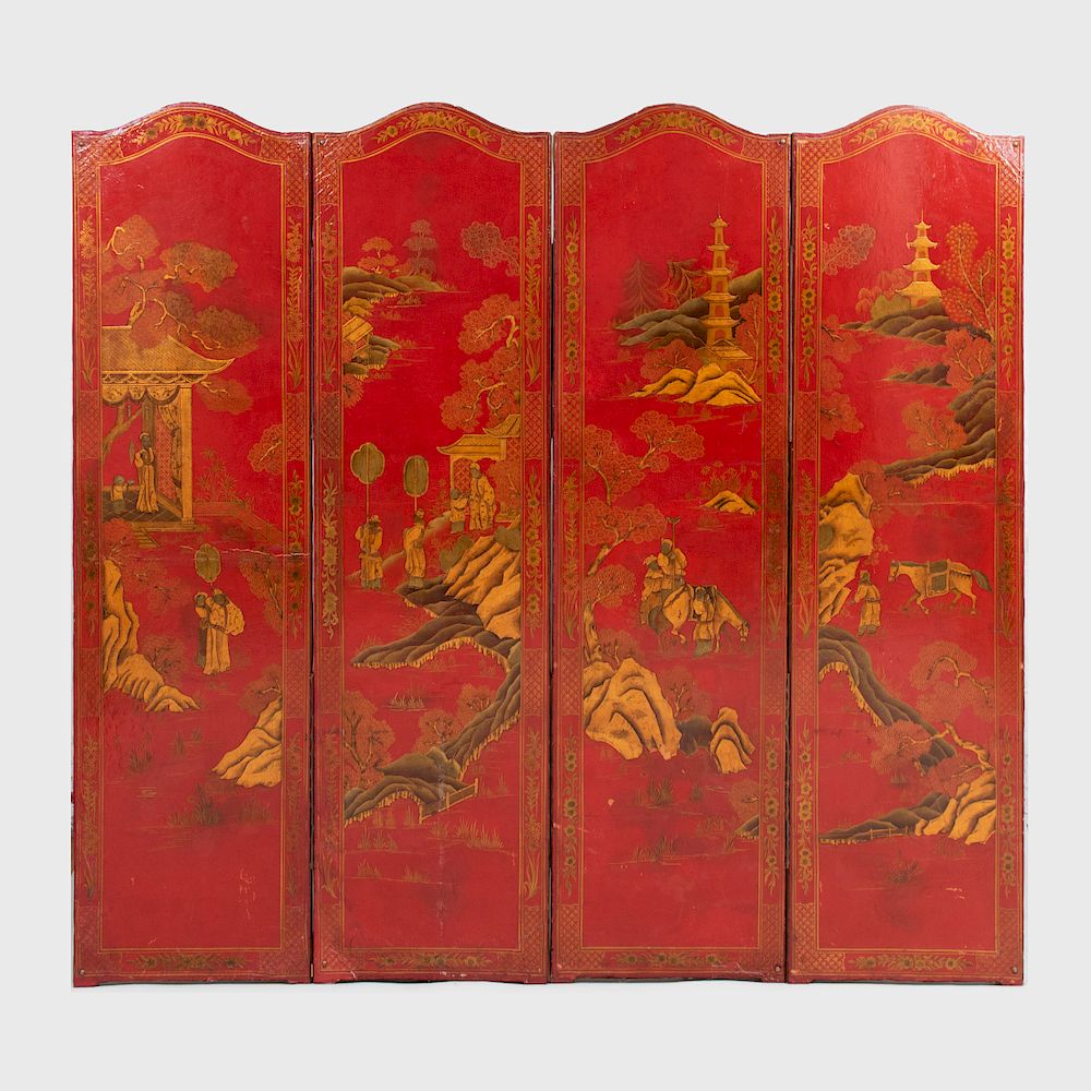 Appraisal: Chinoiserie Japanned and Parcel-Gilt Four Panel Screen x in each