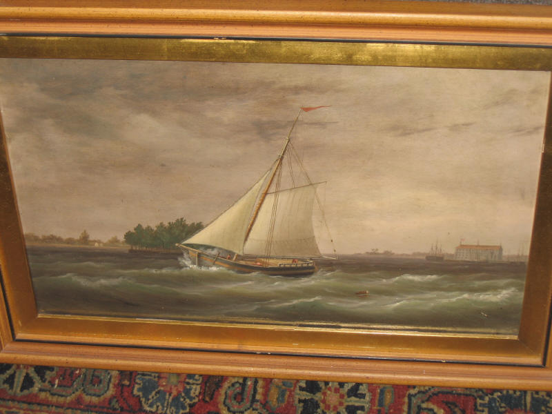 Appraisal: AMERICAN SCHOOL TH CENTURY Sailboat in choppy seas distant shoreline