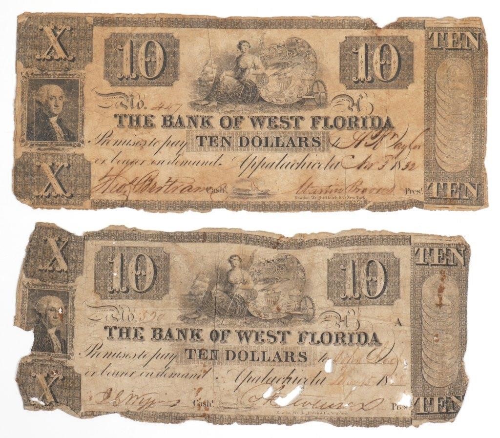 Appraisal: Two banknotes issued by the Bank of West Florida Apalachicola