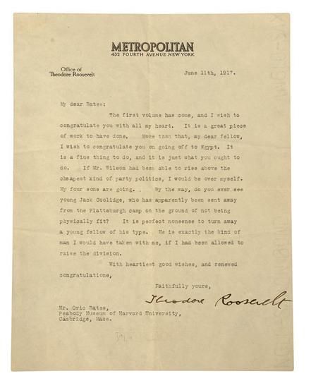 Appraisal: PRESIDENTS - ROOSEVELT Theodore Typed letter signed discussing Woodrow Wilson's