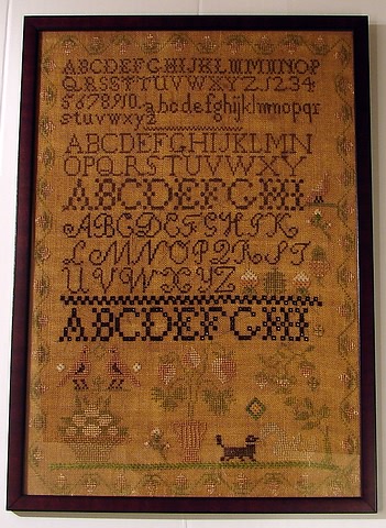 Appraisal: Delaware Valley Sarah silk on homespun alphabets numerals birds dog