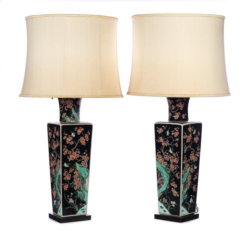 Appraisal: Two Chinese Famille Rose Lamps Two Chinese Famille Rose Lamps