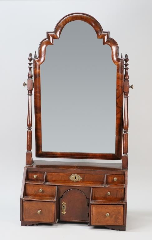 Appraisal: BURLED MAHOGANY SHAVING MIRRORBurled mahogany shaving mirror th century drawers