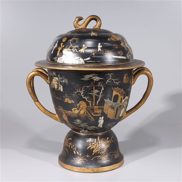 Appraisal: Chinese gilt and enameled porcelain covered vase imitating lacquer numerous