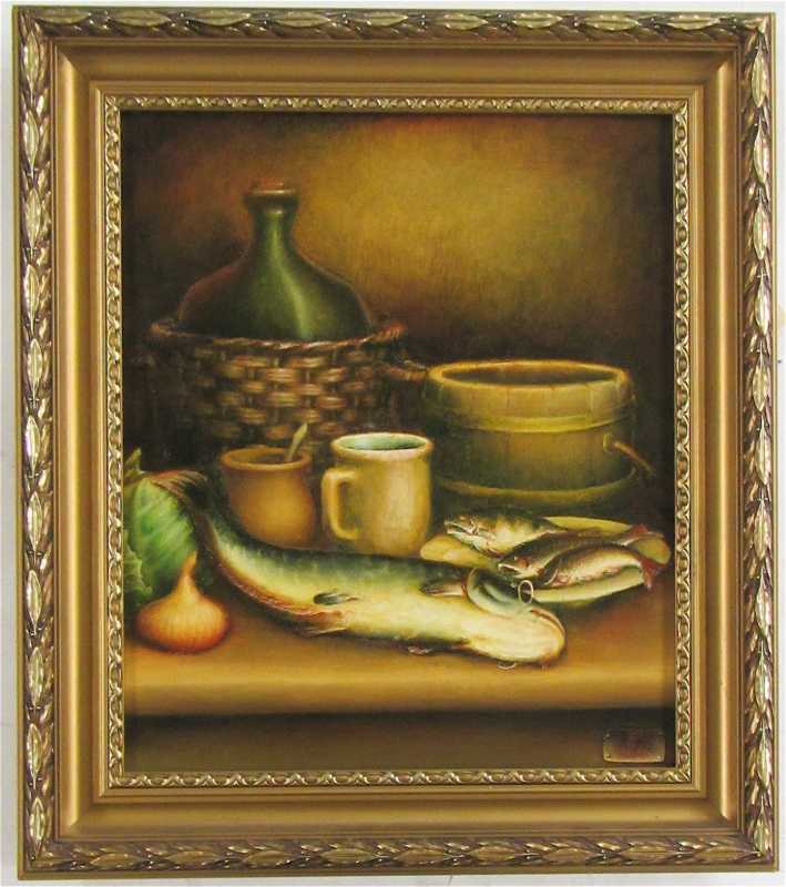 Appraisal: RUSSIAN OIL ON CANVAS table-top still-life with fish Signed in