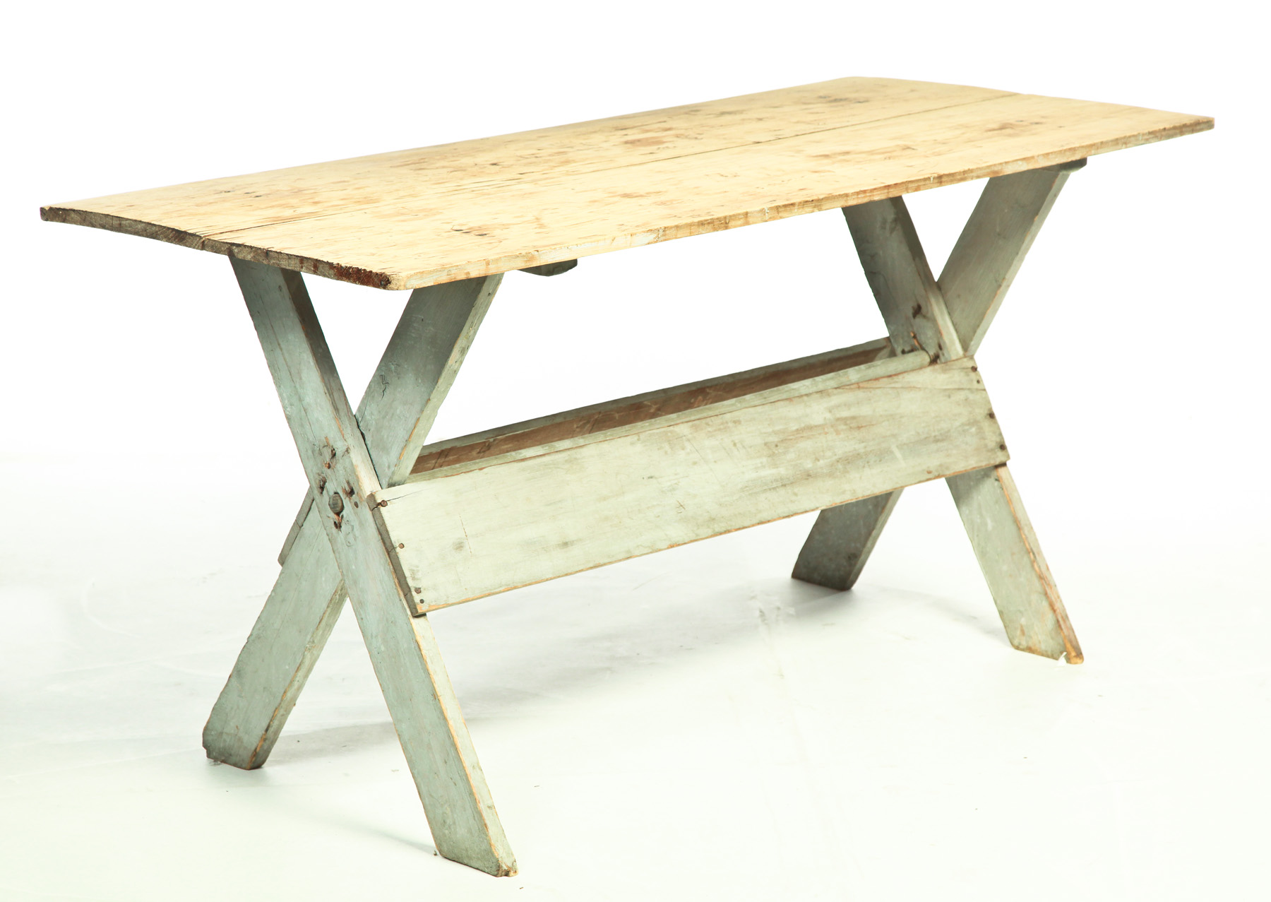 Appraisal: AMERICAN SAWBUCK TABLE Mid th century pine Old white paint