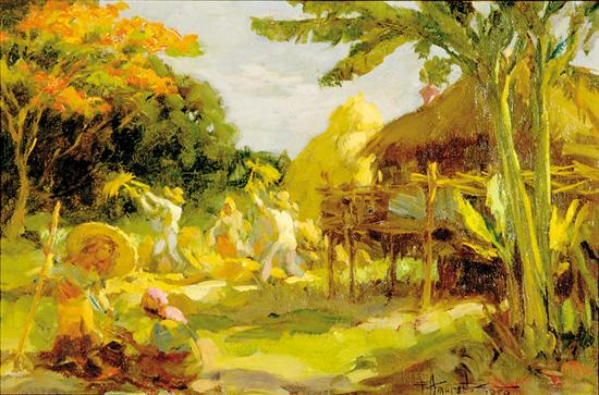 Appraisal: Fernando Cueto Amorsolo Filipino - VILLAGE SCENE oil on canvasboard