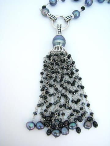 Appraisal: A sterling silver Freshwater pearl and onyx necklace with tassel