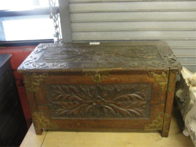 Appraisal: Carved Oak Arts Crafts Style Trunk with Brass Trim Some