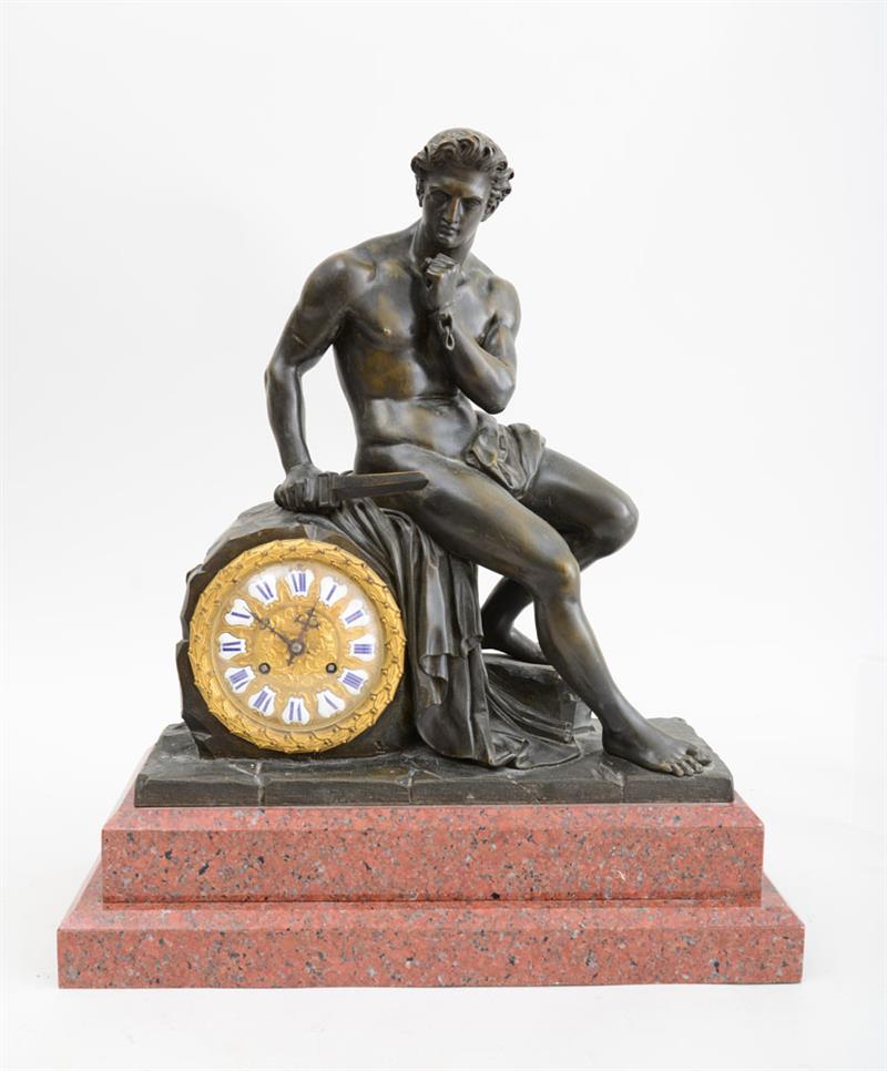 Appraisal: FRENCH BRONZE PATINATED FIGURAL MANTLE CLOCK Modeled with a nude