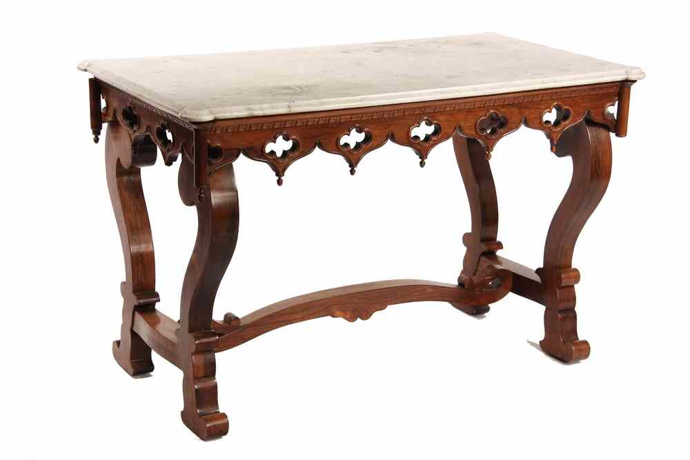 Appraisal: GOTHIC REVIVAL MARBLE TOP LIBRARY TABLE - English Mahogany Gothic