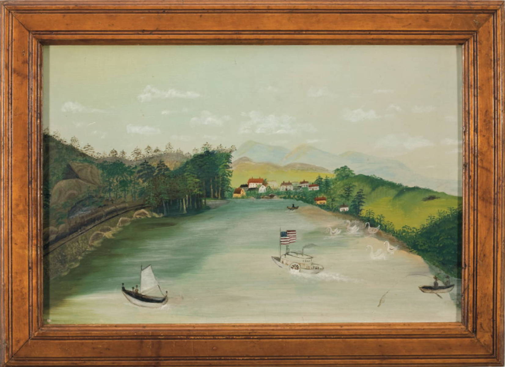 Appraisal: AMERICAN PRIMITIVE PAINTING OF A PADDLEWHEEL STEAMER ON A RIVER