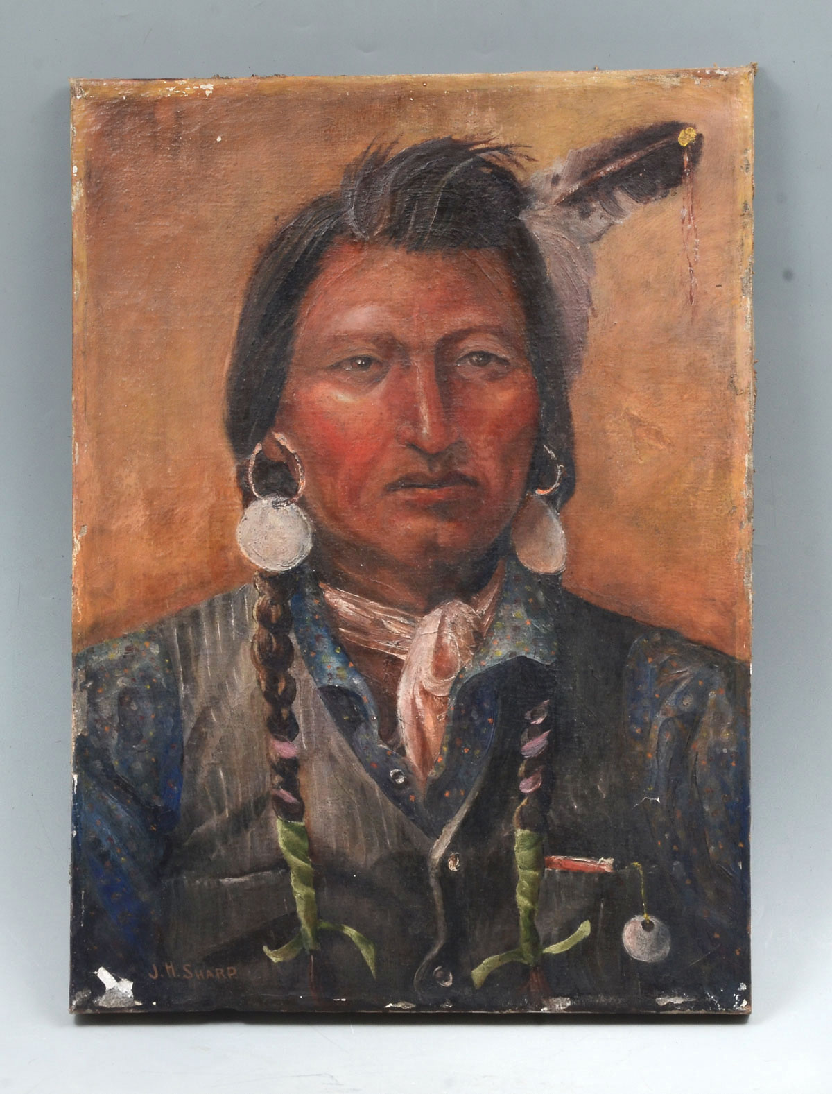 Appraisal: PORTRAIT PAINTING OF AN AMERICAN INDIAN Oil Canvas signed J