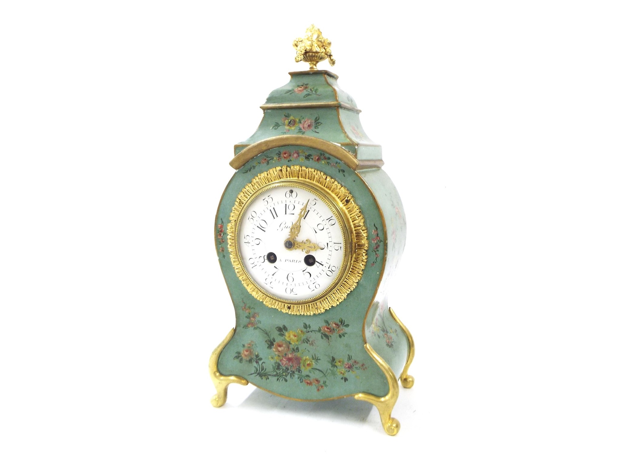 Appraisal: French Vernis Martin two train mantel clock the Chartres Marcus