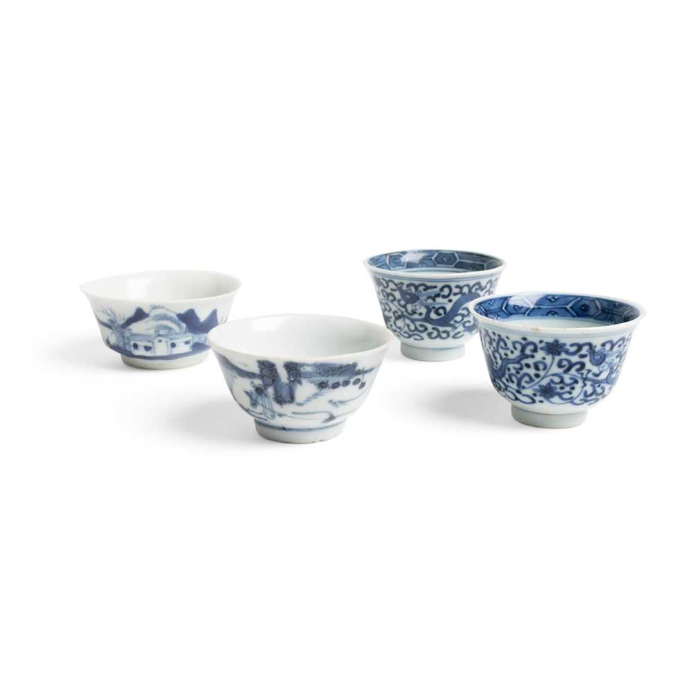 Appraisal: GROUP OF FOUR BLUE AND WHITE CUPS QING DYNASTY TH