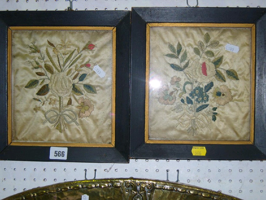 Appraisal: A pair of early th century embroidered silk panels with