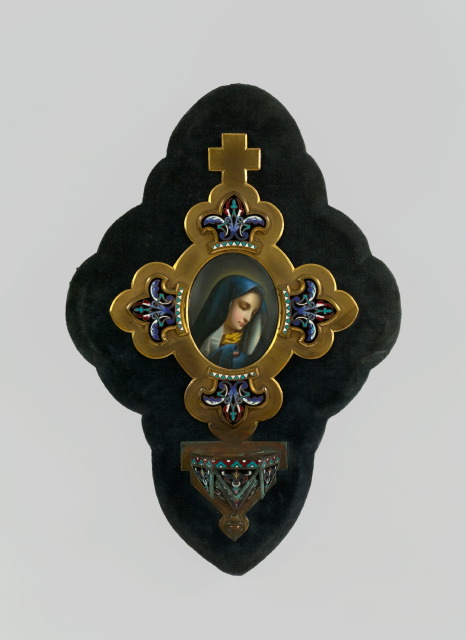 Appraisal: French Champleve Enamel-Mounted Brass and Velvet Cruciform Benitier first quarter