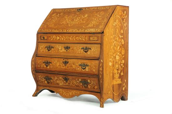 Appraisal: MARQUETRY-INLAID BOMBE SLANT-FRONT DESK European th century oak and various