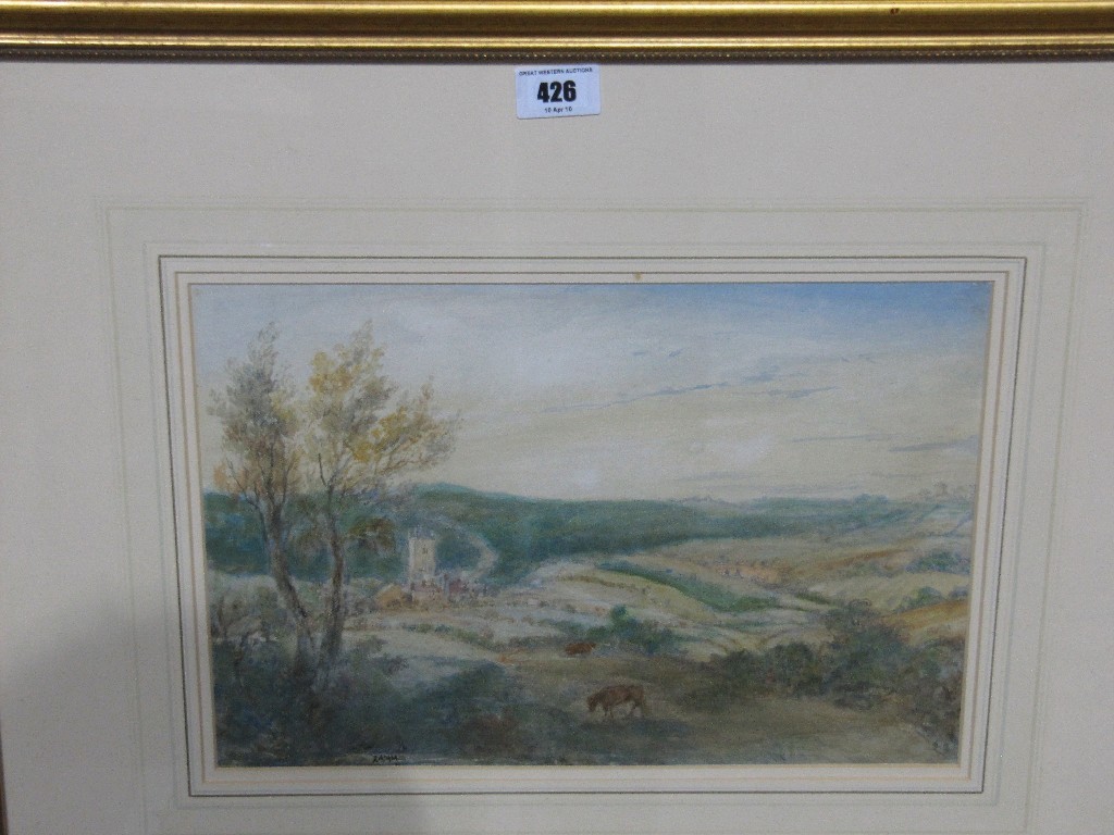 Appraisal: Watercolour with cattle at a church signed J ADAM