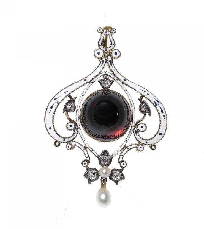 Appraisal: A DIAMOND PEARL GARNET GOLD AND ENAMEL PENDANT IN THE