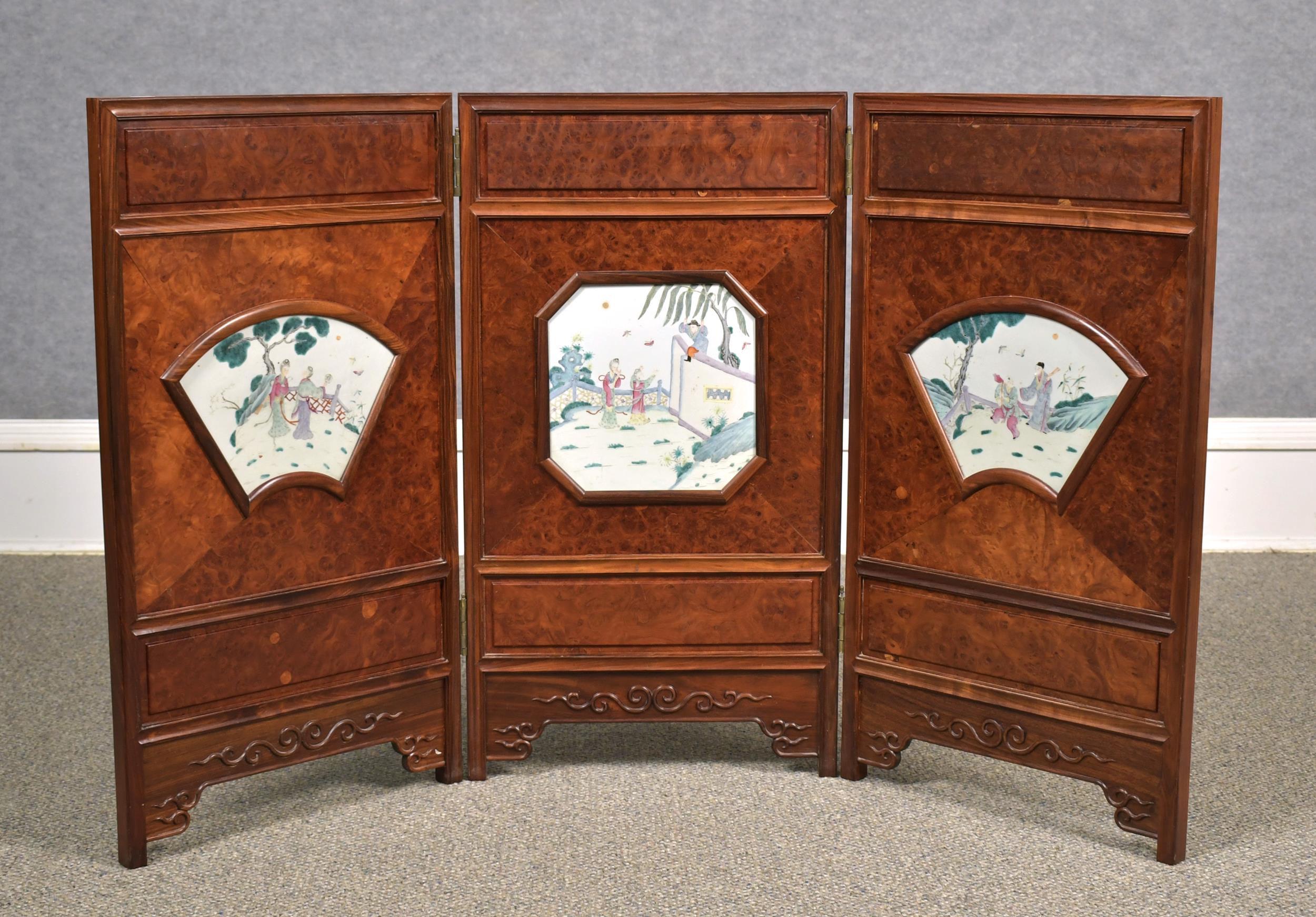 Appraisal: CHINESE TABLE SCREEN WITH PORCELAIN PLAQUES An early th C