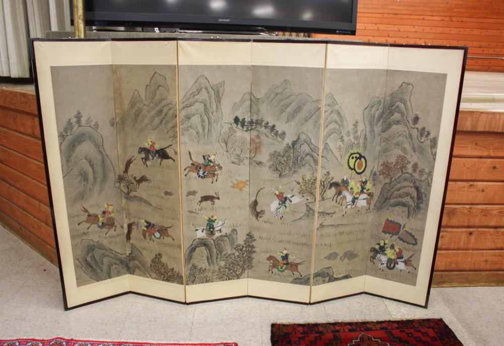 Appraisal: SIX-LEAF HUNTING PARTY PAINTED SCREEN Korean th century a royal