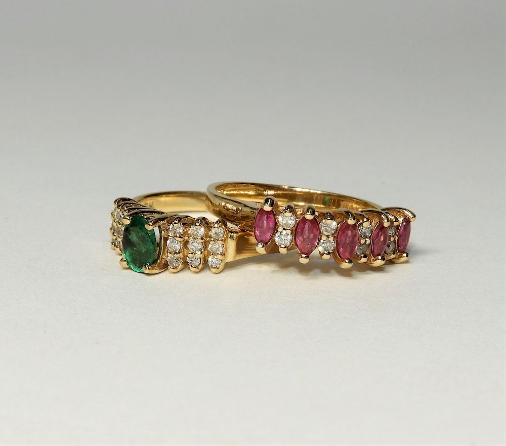 Appraisal: Two Estate KT Gold Diamond Emerald Ruby Rings th Century