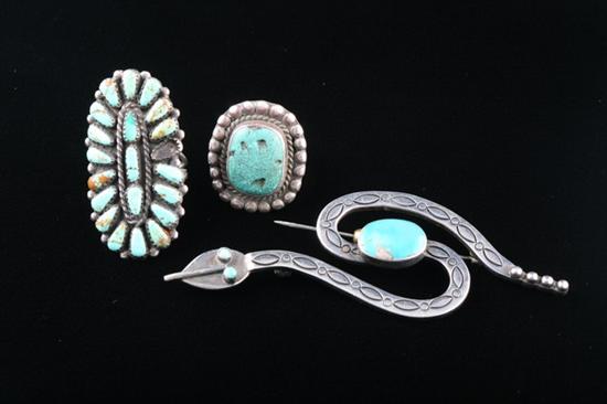 Appraisal: THREE PIECES NATIVE AMERICAN STERLING SILVER AND TURQUOISE JEWELRY Zuni