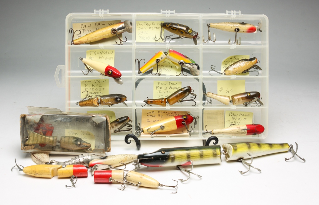 Appraisal: TWENTY FISHING LURES INCLUDING WOOD Twentieth century Including Paw Paw