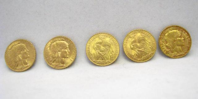 Appraisal: Five French gold Franc coins Gold Roosters including four and