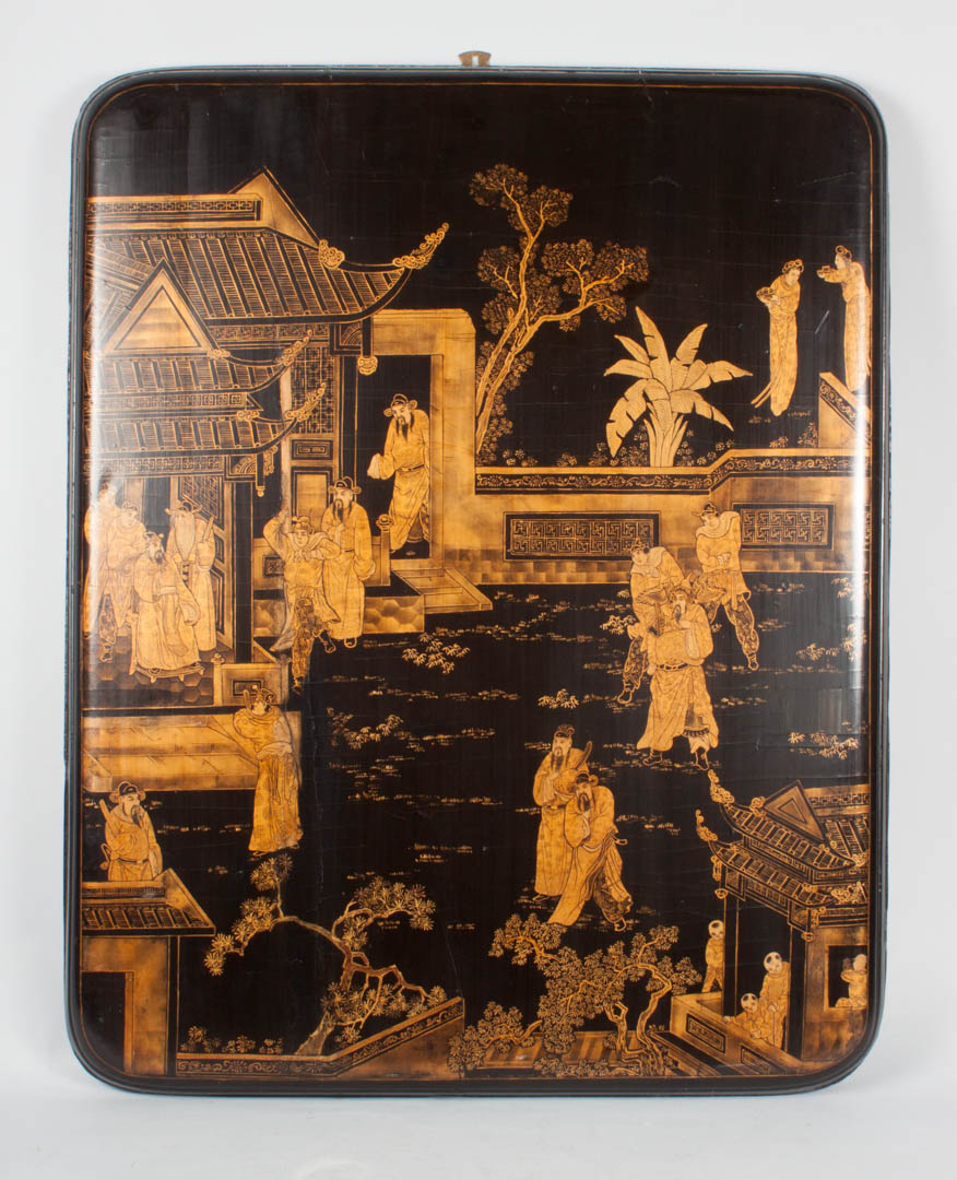 Appraisal: Chinese gilt painted lacquer panel depicting large mandarin garden scene