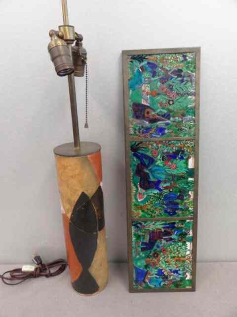 Appraisal: Piece Midcentury Enamel Lot Includes a Lamp anda Triptych Enamel