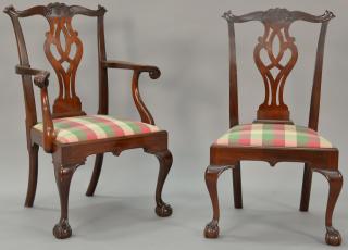 Appraisal: Set of six mahogany Chippendale style dining chairs with pierce